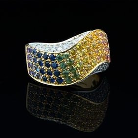 Designer Rainbow Sapphire and Diamond Ring in 18K Yellow Gold