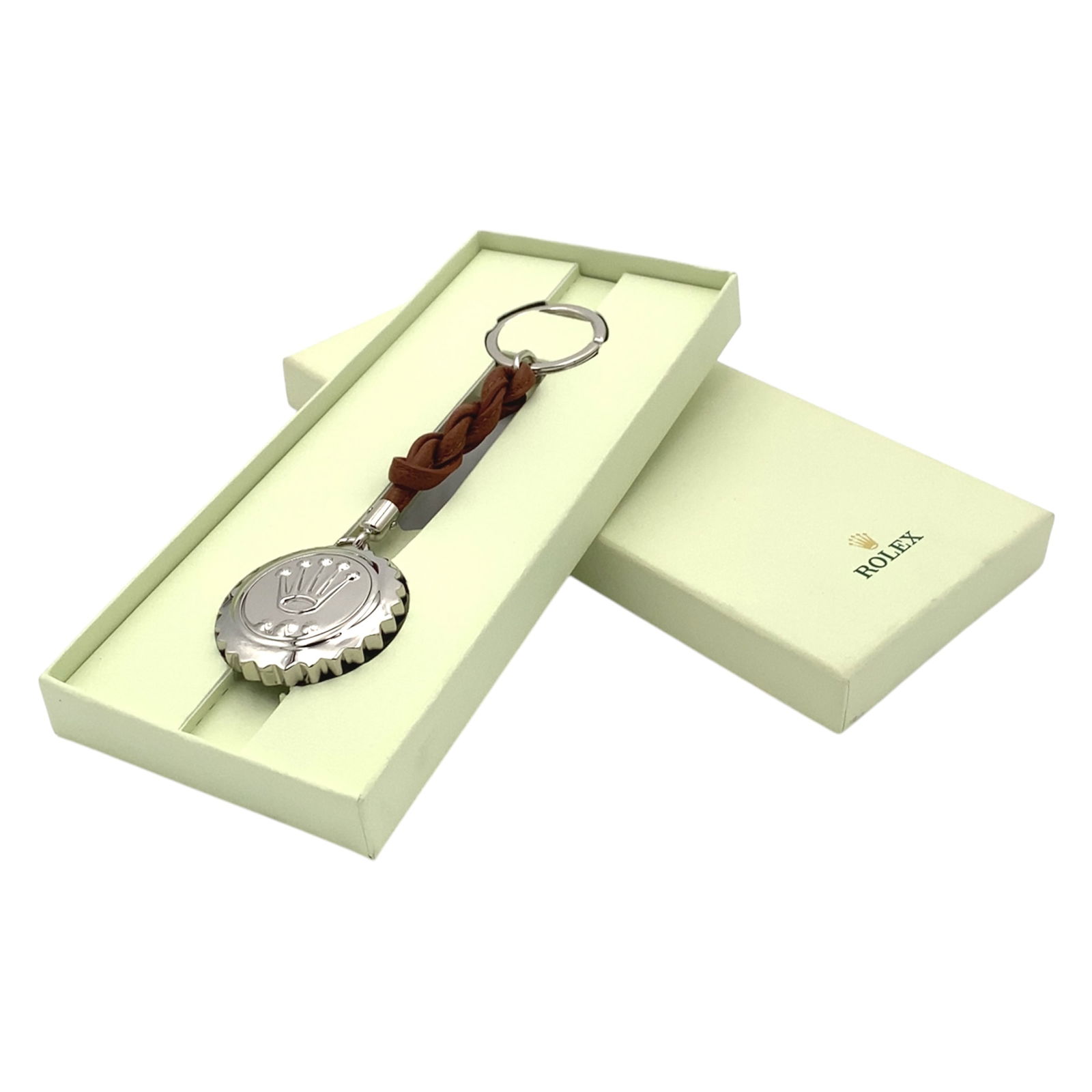 Leather Rolex Keychain Crown Stainless Steel in Box: Leather Rolex keychain crown stainless steel with box, Measurement: 6" Length, Weight: 54.2 grams