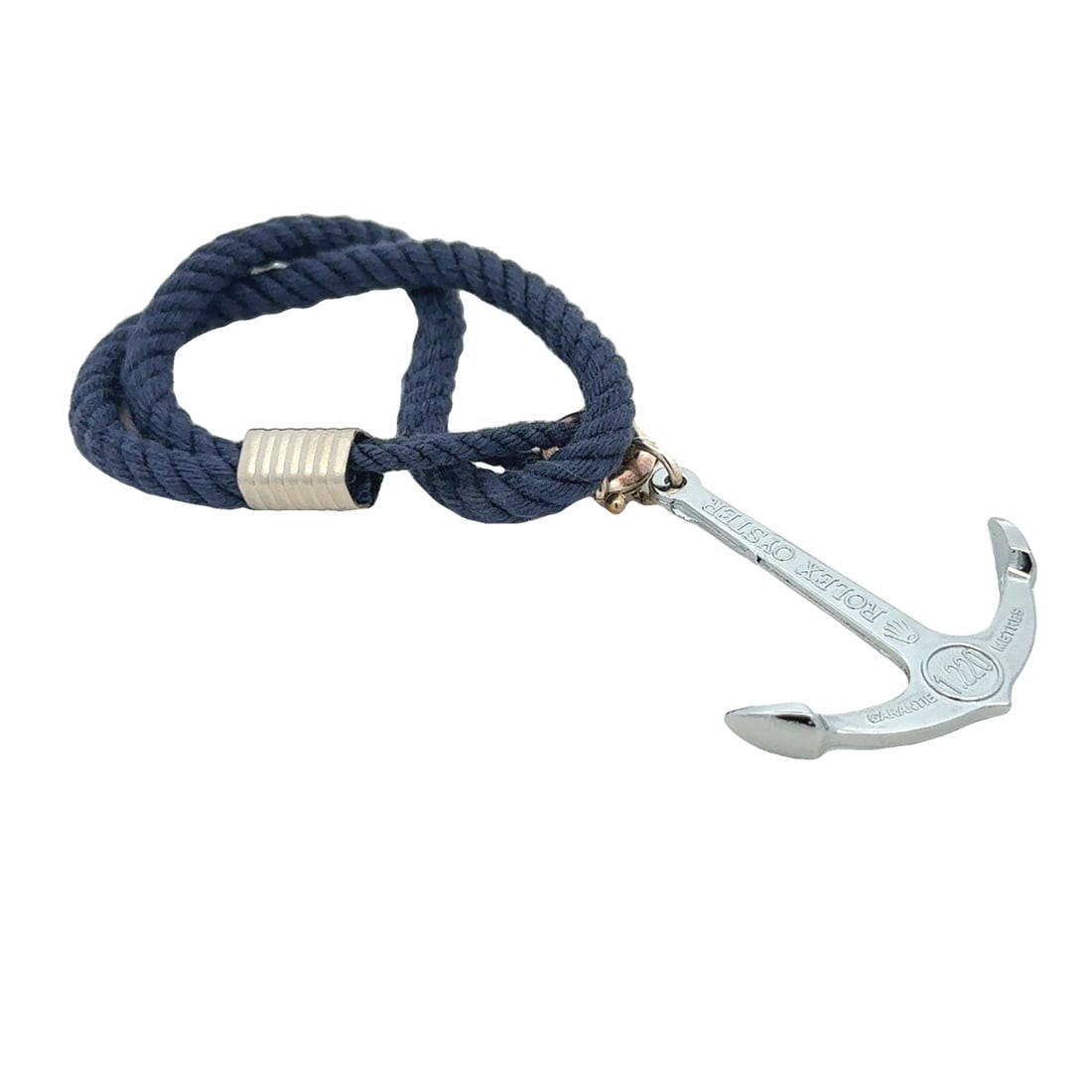 Rolex Oyster Anchor Blue Rope Bracelet with Clasp in Sterling Silver: Rolex Oyster anchor blue rope bracelet with clasp in sterling silver, Stamped "Rolex Oyster Guaranteed 4.000 F.T. Underwater / Guaranteed 1.200 Metres, Measurement: 8" L x 1.5" W, Weight: 11.3 grams.