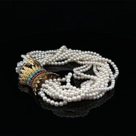 Circa 1940s Turquoise, Pearls and Rubies Feather Twist Bracelet in 14 Karat Gold