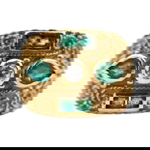 Emerald and Diamond Ring in 18K Yellow Gold: Metal type: 18k yellow gold, Gemstones: .50ct pear cut and step cut emeralds and .13ct accent diamonds, Size: 8.75, Weight: 8.17 grams
