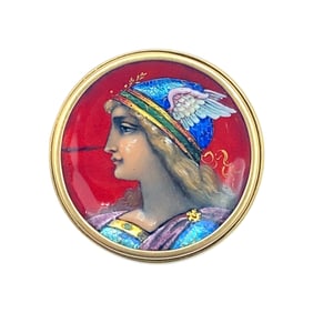 1950s Swiss Made Enamel Portrait Brooch in 18 Karat Gold
