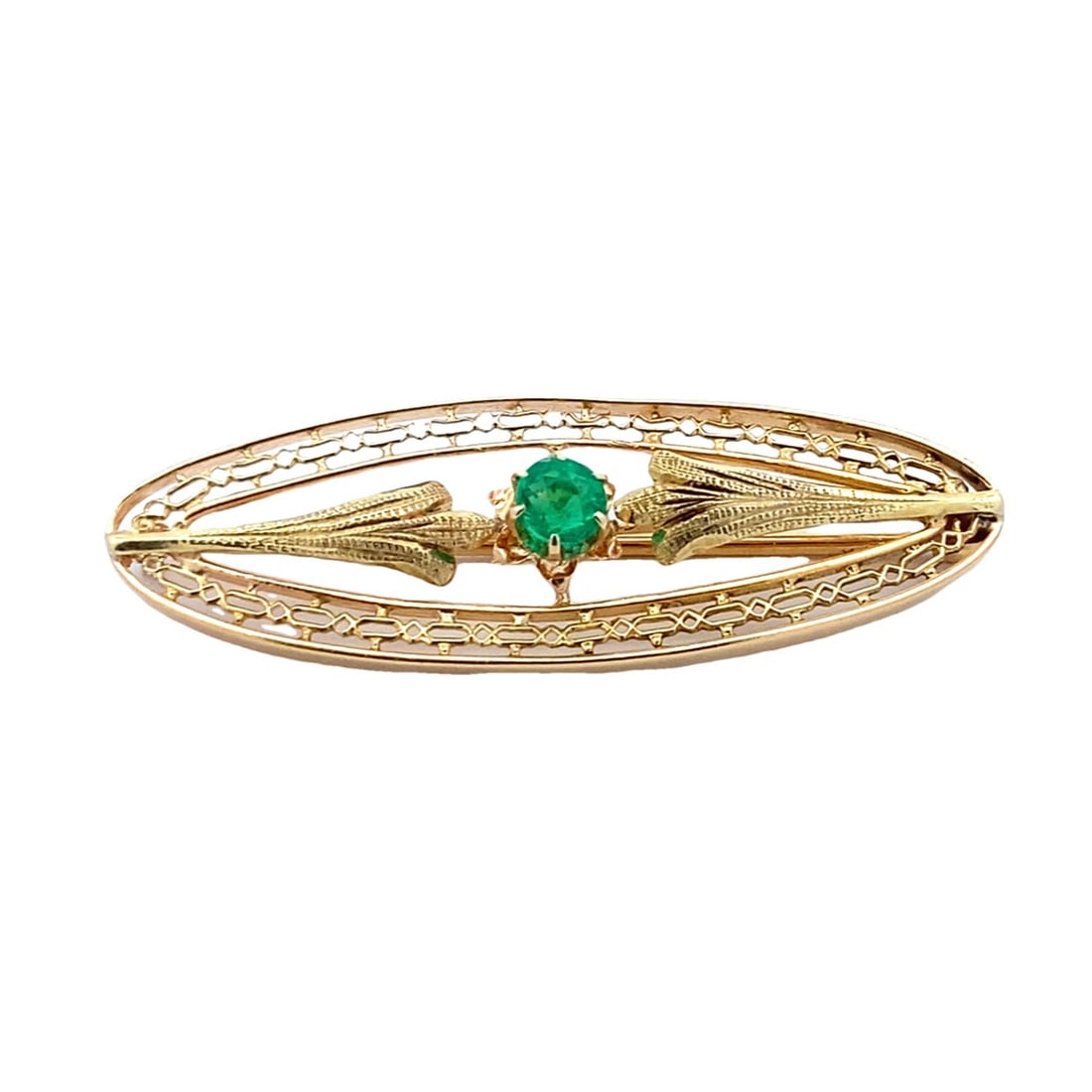 Imitation Emerald Brooch in 14K Yellow Gold: Metal type: 14k yellow gold, Stone: Imitation emerald, Measurement: 4.1 cm L x 1.3 cm H, Weight: 3.3 grams