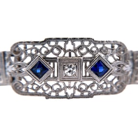 Circa 1920s Art Deco Filigree Bracelet with Diamond and Sapphire in 14K White Gold