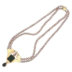 Pink Pearl, Malachite and Cabachon Amethyst Pendant Necklace in 14K Gold