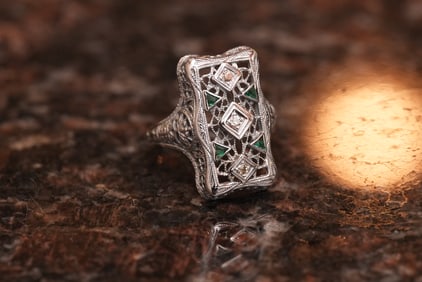 Filigree Diamond and Lab-Grown Emerald Accent Ring in 14K White Gold