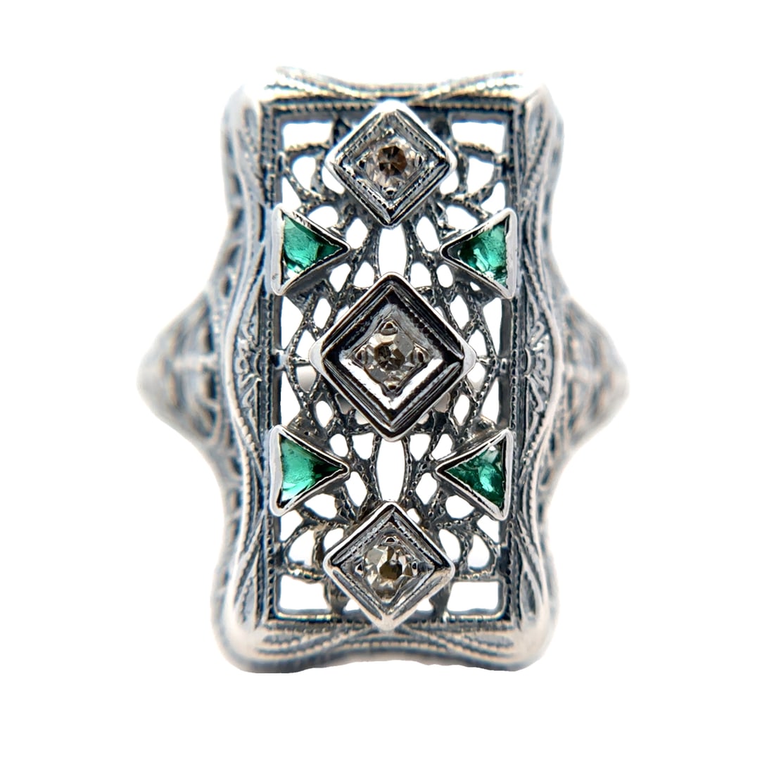 Filigree Diamond and Lab-Grown Emerald Accent Ring in 14K White Gold: 14k white gold filigree ring with diamond and lab-grown emerald accent, size 5.75, weight 3.4 grams