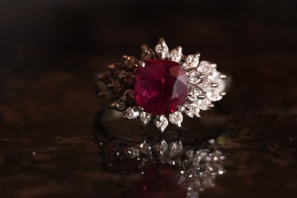 Estate English Hallmarked Ruby and Diamond Ring with GIA report in 18K White Gold