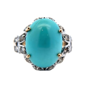 Estate Turquoise and Diamond Ring in 14K Yellow Gold