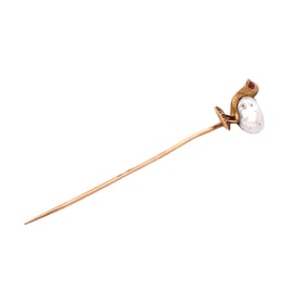 Antique Pearl and Ruby Bird Stick Pin in 14K Yellow Gold