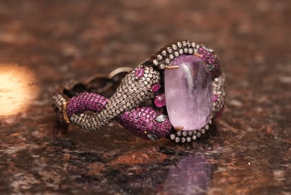 Estate Multi-Gemstone Pave Snake Design Hinged Bracelet in Sterling Silver and 14K Gold