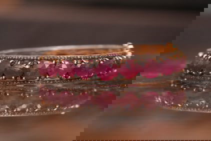 Estate Ruby-Glass Composite and Diamond Hinged bangle Bracelet in Sterling Silver and 14K Gold