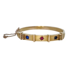 Victorian Ruby and Sapphire Hinged Bangle Bracelet, 14K Gold