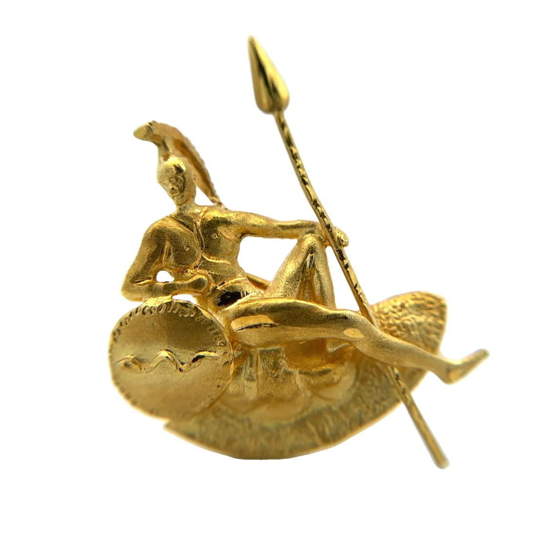 Greek Soldier Brooch, 18K Gold: Vintage 18k gold Greek soldier with spear brooch, appx. 1" x 1.25", 7.8g