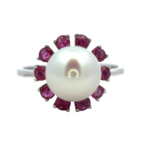 Pearl and Ruby Ring, 14K White Gold