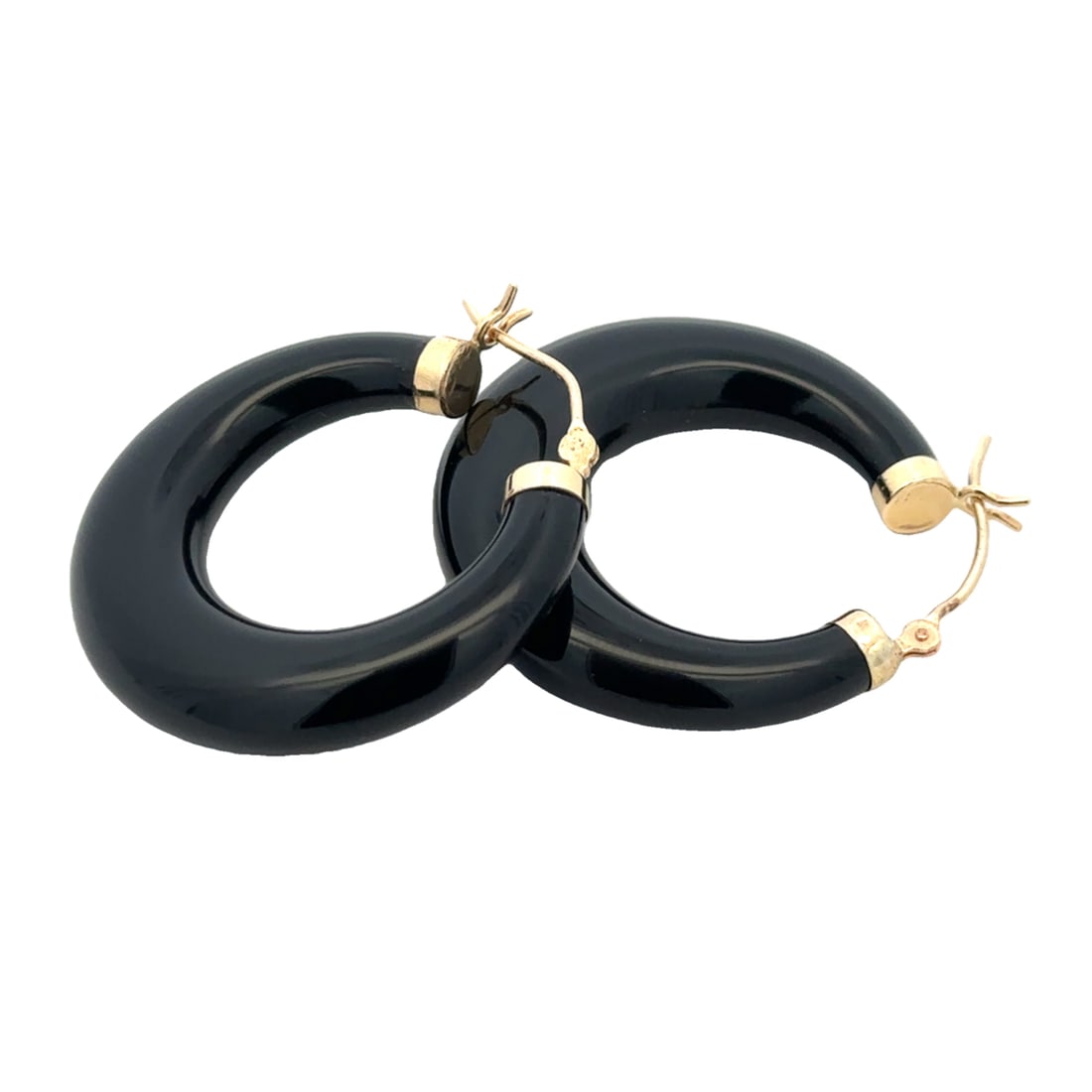 Onyx Hoop Earrings, 14K Gold: 14k yellow gold earrings with onyx in hoop design, 1" diameter