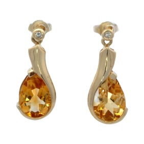 Pear Cut Citrine and Diamond Dangle Earrings, 14K Gold