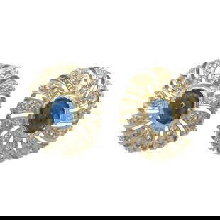 Cabochon Sapphire and Diamond Earrings, 14K Gold: 14K yellow and white gold earrings with oval cabochon sapphires and round diamonds, 0.75"L, 5.7 grams