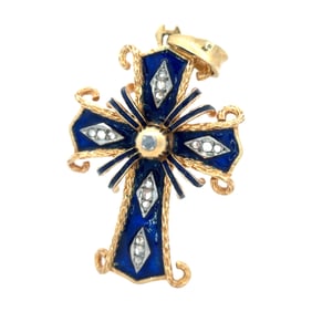 Vintage Enamel and Diamond Cross Pendant, 18K Gold