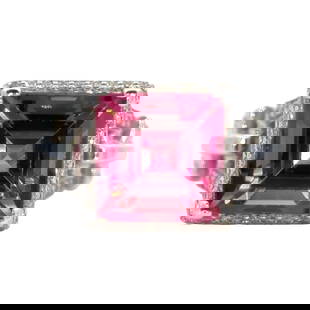 Pink Tourmaline and Diamond Cocktail Ring, 18K White Gold: 18 karat white gold cocktail ring with square step cut pink tourmaline, 10x10mm, with accent round diamonds. Size US 7, 8.5 grams. Inscribed "Tamir".