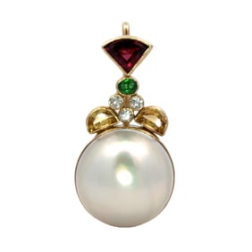 Mabe Pearl, Garnet and Diamond Pendant/Brooch, 14K Gold