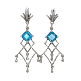 Blue Zircon and Diamond Earrings, 14K White Gold