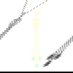 Emerald and Diamond Pendant and Chain, 18K Gold: 18k gold pendant and chain with three pear cut emeralds and accent diamonds, pendant measures 2.5"L, chain 16"L, 6.0 grams
