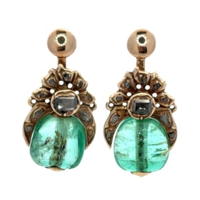 Emerald Bead Dangle Earrings, 14K Gold