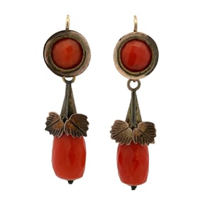 Antique 1890s Coral Dangle Earrings in 10K with 14K Gold Hooks