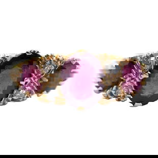 Pink-Purple Garnet and Diamond Ring in14K Yellow Gold: 14k yellow gold pink-purple garnet ring with accent diamonds, size US 4.75, 4.2g
