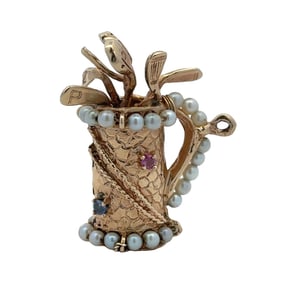 Pearl, Ruby and Sapphire Golf Caddy Pendant in 14K Yellow Gold