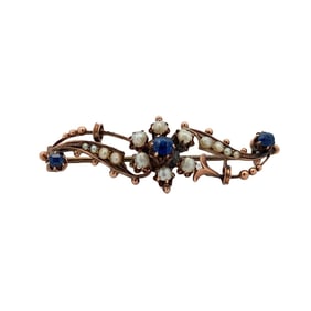 Vintage Estate Sapphire and Pearl Brooch in 9K Yellow Gold