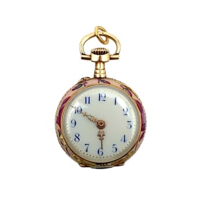 Swiss Made Pink Guilloché Enamel and Diamond Pocket Watch in 18K Yellow Gold