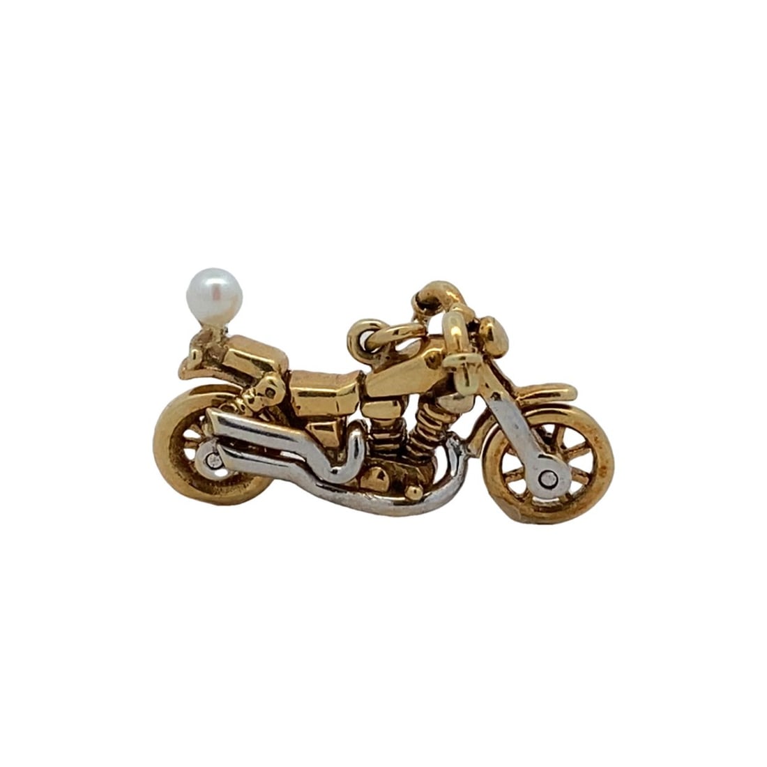 3D Motorcycle Movable Wheels Pendant with Pearl in 14K Gold: Metal type: 14k yellow gold, Gemstone: Pearl - 3 mm diameter, Design: 3D motorcycle movable wheels pendant, Measurement: 2.5 cm L 1.2 cm H, Weight: 4.8 grams