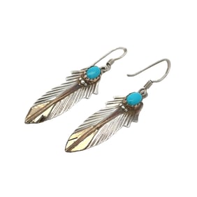 Native American Turquoise Feather Earrings in Sterling Silver and Gold Filled
