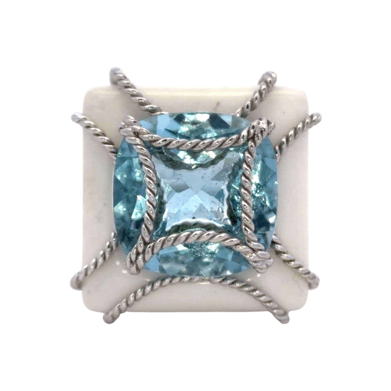 Sterling Silver Enamel and Blue Topaz Ring: Sterling silver cocktail ring with enamel and cushion cut blue topaz, size US 7.5, 9.8 grams