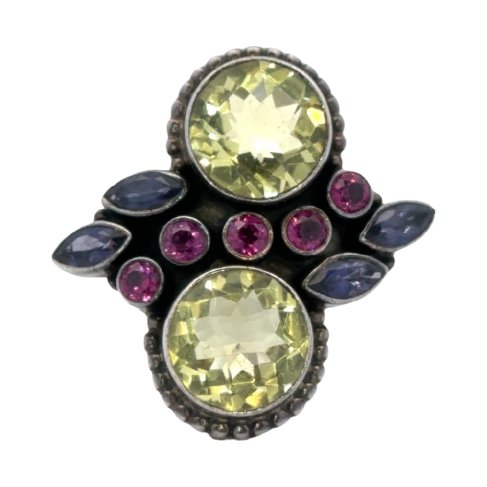 Multicolor Quartz Sterling Silver Cocktail Ring: Sterling silver cocktail ring with green, pink and purple quartz, size US 6.25, 11.3g