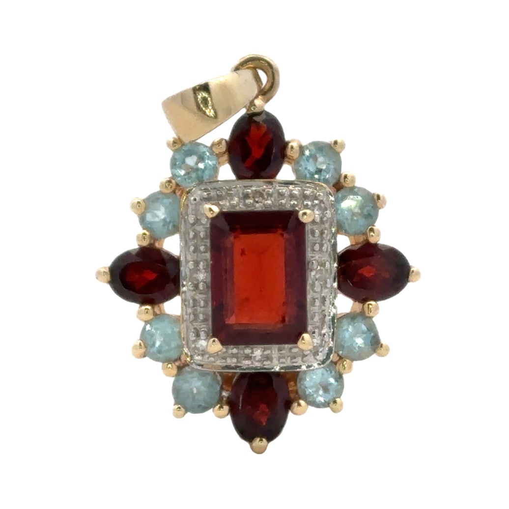 Garnet and Aquamarine Pendant with Diamonds, 14K Gold: Estate 14 karat yellow gold pendant with 6.9x5mm emerald cut garnet in center with accent oval garnets, and accent round aquamarine stones and round diamonds. Approximately 1"L x 0.75"W, 3.34 grams.