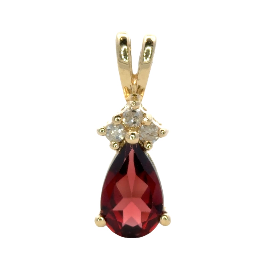 Pear Cut Garnet and Diamond Pendant, 14K Gold: 14k yellow gold pendant with pear cut garnet and accent diamonds at 0.12ctw, 1.11g