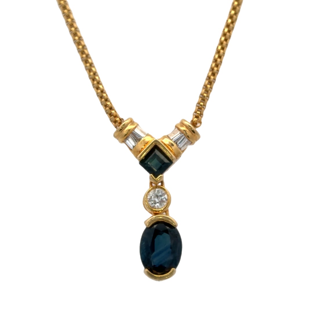Sapphire and Diamond Pendant Necklace in 14K Yellow Gold: Metal type: 14k yellow gold, Gemstones: 2.50ct sapphire and 1.20ct diamond, Pendant measurement: 2.5 cm Length, Necklace measurement: 16" Length, Weight: 6.9 grams