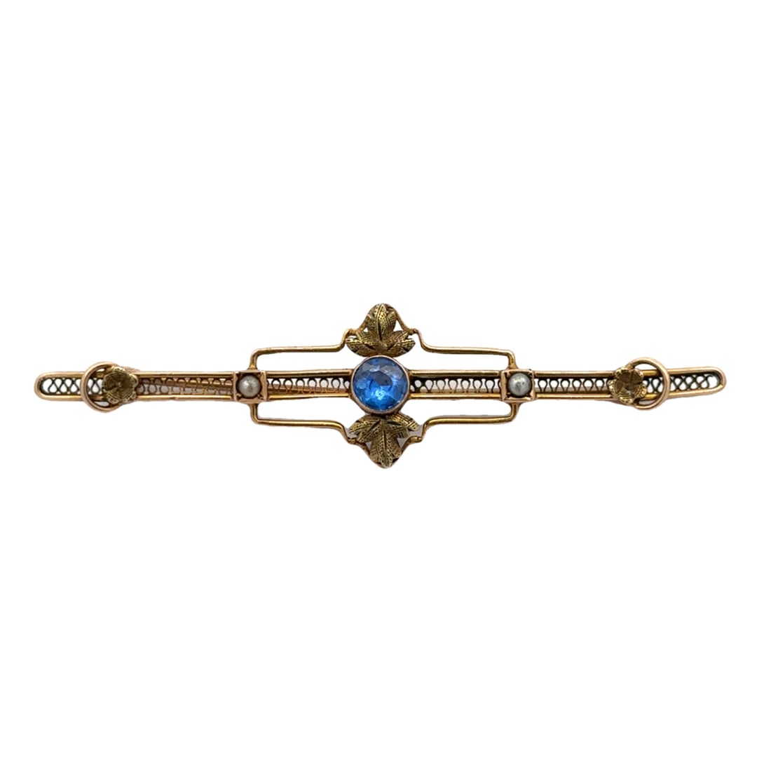Antique Sapphire Bar Brooch, 10K Gold: Antique Art Deco filigree bar brooch with round sapphire and seed pearls, 10 karat yellow gold. 2.25"L, 2.63g