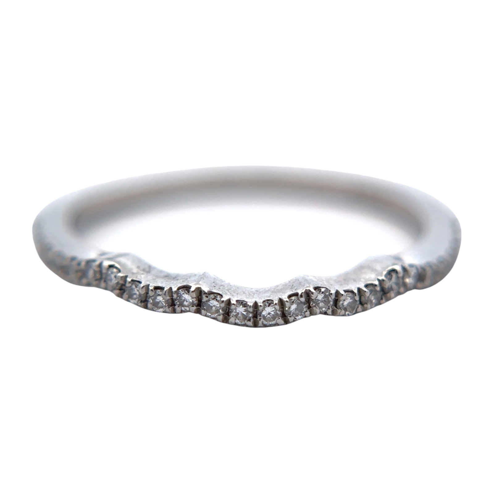 Diamond Curved Wedding Band in Platinum: Metal type: Platinum, Gemstone: Diamond, Design: Curved wedding band, Size: 5.25, Weight: 2 grams