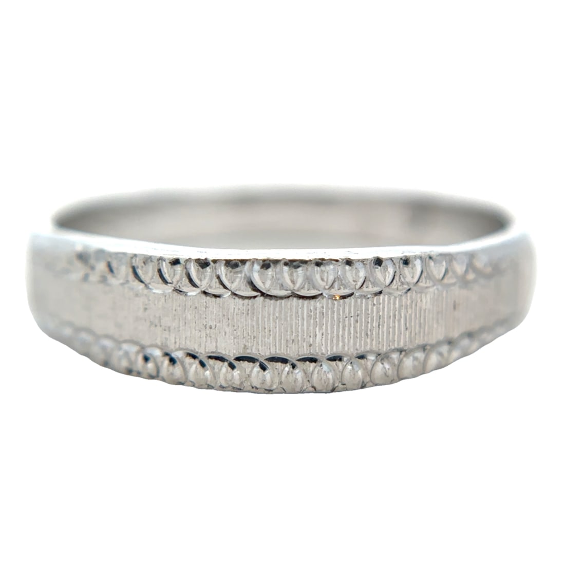 22 Karat White Gold Band Ring: Metal type: 22K white gold, Size: 7.5, width: 5.0 mm, Weight: 4.2 grams
