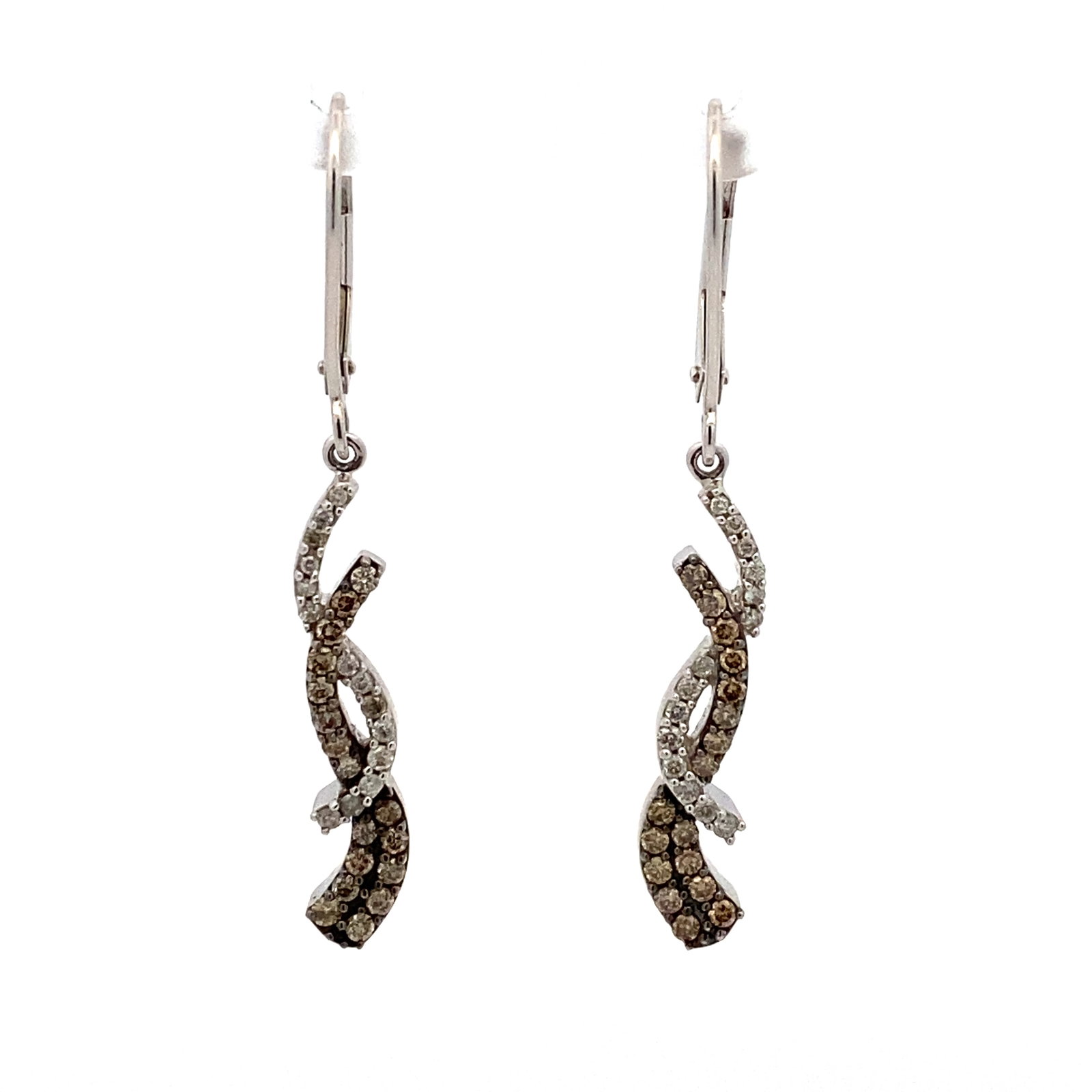 0.25 Carat White and Brown Diamond Twist Chandelier Earrings in 14 Karat Gold: Circa: 1980, Metal type: 14 k white gold, Gemstone: .25cts of mix white and brown diamond, Design: Chandelier earrings, Measurement: 1.5" Length, Weight: 2.8 grams