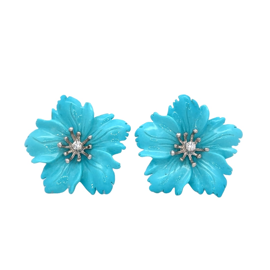 Turquoise and Diamond Flowers Earrings in 14K White Gold: Metal type: 14k white gold, Gemstone: Turquoise and diamond, Design: Flowers earrings, the flowers are removable jackets, Measurement: 23 mm diameter, Weight: 4.6 grams