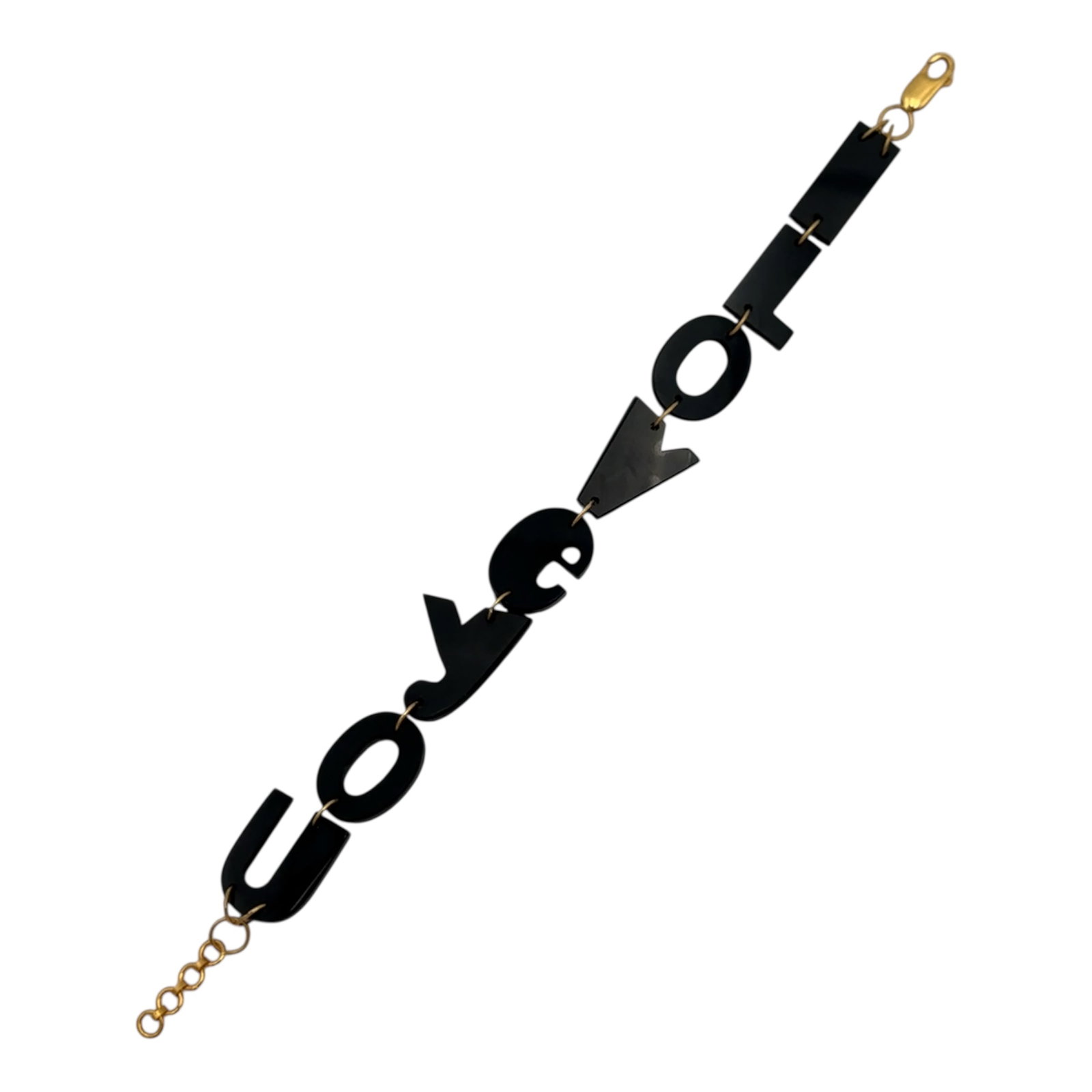 Black Onyx "I LOVE YOU" Letter Bracelet in 14K Yellow Gold: Metal type: 14k yellow gold, Stone: Black Onyx, Design: "I LOVE YOU" letter bracelet, Measurement: 7.5" Length, Weight: 10 grams