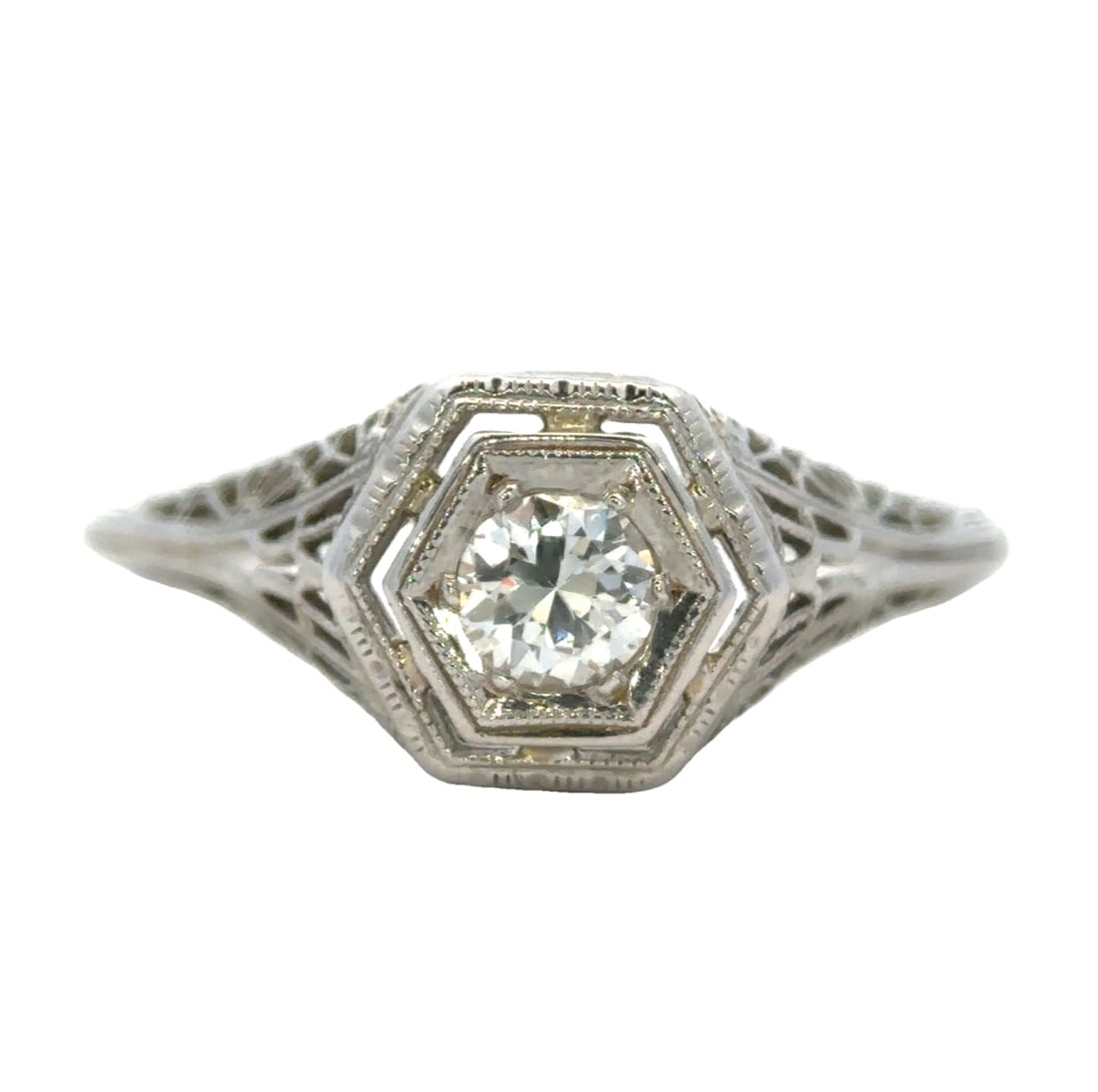 Antique Art Deco Filigree Engagement Ring with Diamond in 18K White Gold (1 of 5)