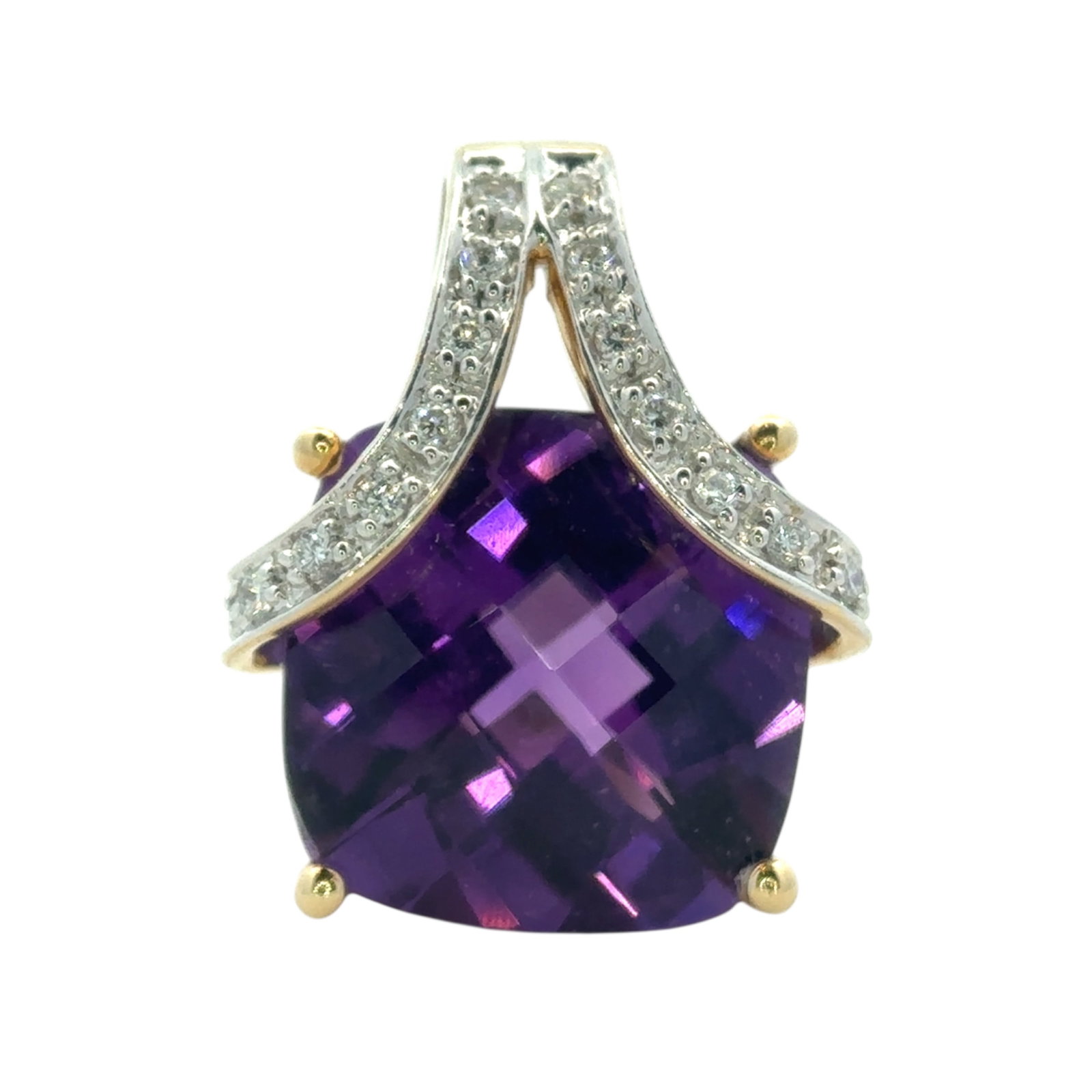 Checkerboard Cut Amethyst and Diamond Pendant in 14K Gold: Metal type: 14k yellow gold, Gemstones: Checkerboard cut amethyst - 12 mm and diamond, Measurement: 0.75" Length, Weight: 3.8 grams