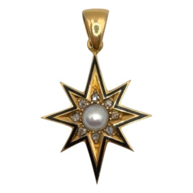 14K Gold Antique Star Pendant with Pearl Diamond and Black Enamel