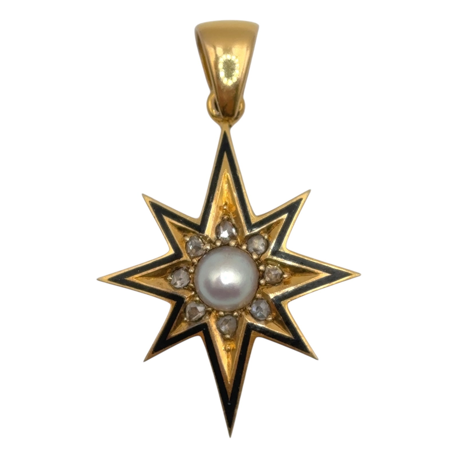 14K Gold Antique Star Pendant with Pearl Diamond and Black Enamel: Antique, Metal type: 14k yellow gold, GemstonesL Pearl - 5.5 mm and rose cut diamond, Measurement: Approximately 35 mm Length including bail, Weight: 4.3 grams